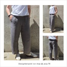 HE02-Easy-barrel-leg-hose-Designbeispiel-Anja2 graue Easy-Barrel-Leg Hose HE02 mit Gummibund, genäht von Anja aus Leinen
