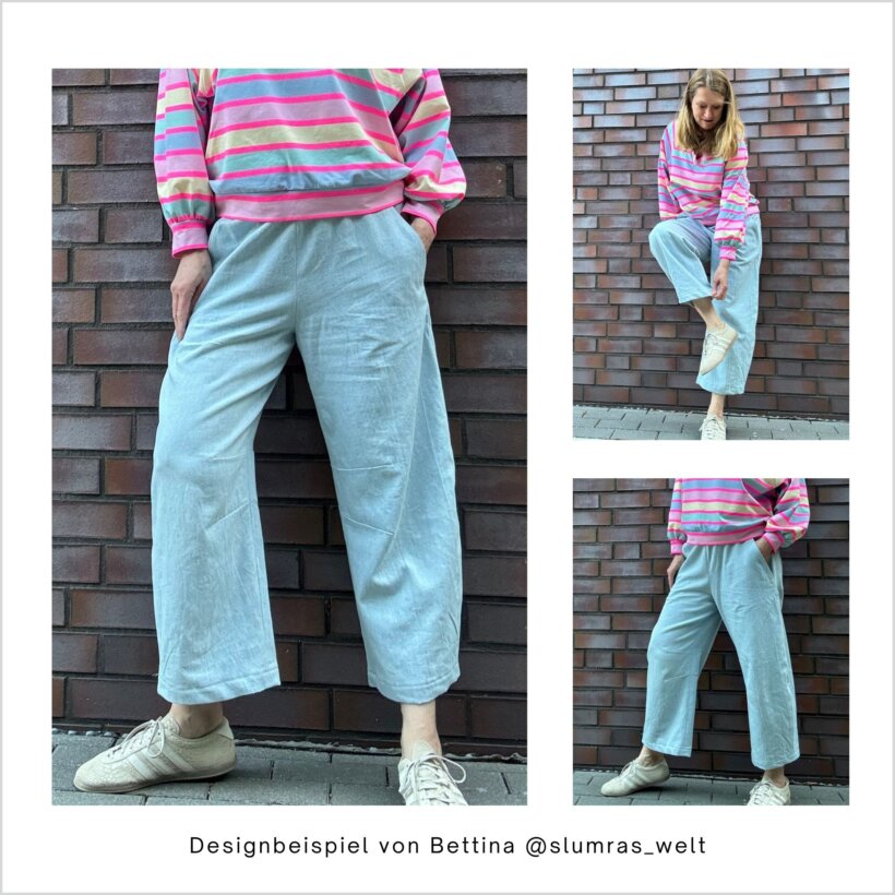 HE02-Easy-barrel-leg-hose-Designbeispiel-Bettina blaue Easy-Barrel-Leg Hose HE02 mit Gummibund, genäht von Bettina