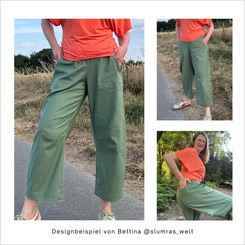 HE02-Easy-barrel-leg-hose-Designbeispiel-Bettina2 grüne Easy-Barrel-Leg HE02 mit Gummibund, genäht von Bettina