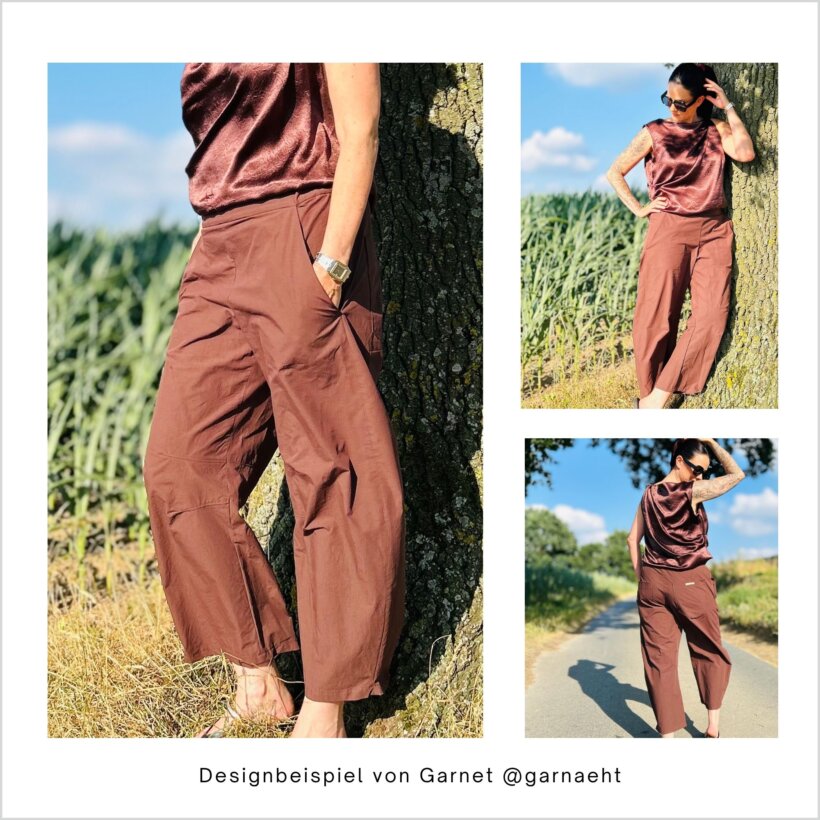 HE02-Easy-barrel-leg-hose-Designbeispiel-von-Garnet-genaeht braune Easy-Barrel-Leg hose HE02 mit Gummibund, genäht von Garnet