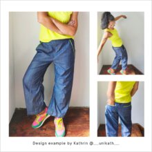 HE02-Easy-barrel-leg-trousers-Designexample-kathrin Easy Barrel Leg pants HE02 with an elasticated waistband, sewn by Kathrin