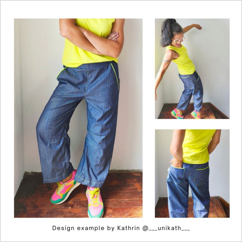 HE02-Easy-barrel-leg-trousers-Designexample-kathrin Easy Barrel Leg pants HE02 with an elasticated waistband, sewn by Kathrin