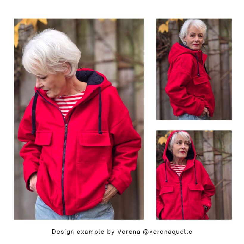 sewing-pattern-jacket-with-hood-designexample-sewn-by-Verena Designbeispiel der Kapuzenjacke JM01 in rot, genäht von Verena.