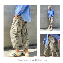 HE02-Easy-barrel-leg-trousers-Designexample-sewn-by-tina-in-camouflage Design example HE02-Easy-barrel-leg-trousers sewn by Tina in Camouflage